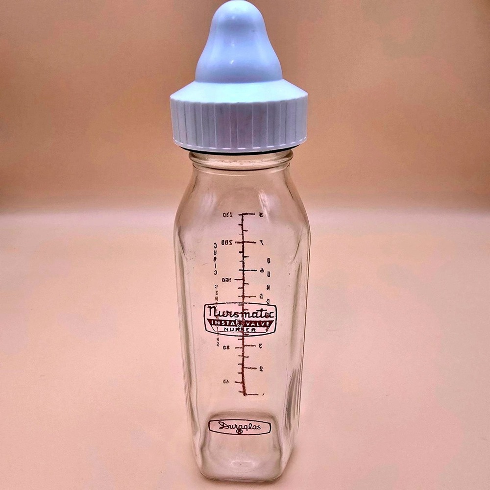 Vintage Nursmatic Insta-Valve Duraglas Baby Bottle 8oz Glass with Nipple Cap